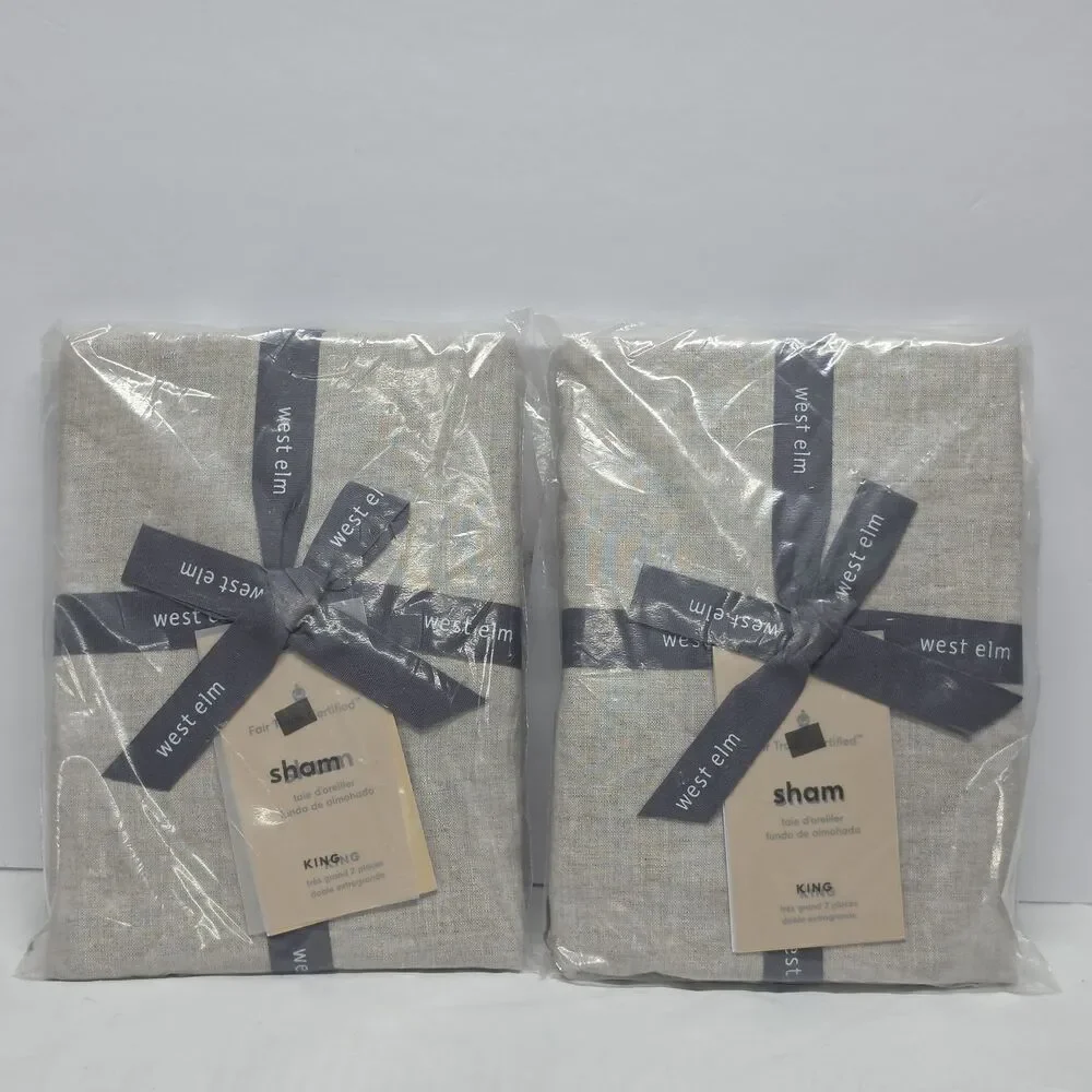 New West Elm Belgian Flax Linen Light Gray KING Sham Pillowcase Set Of 2